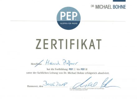 Zertifikat - Fortbildung PET(I) bis PEP(III) - Dr. Michael Bohne