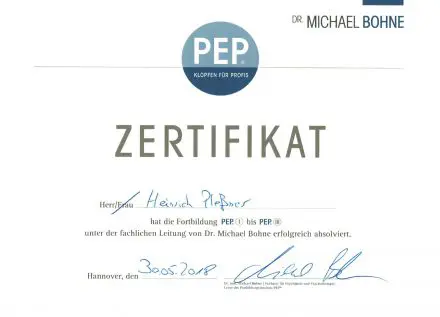 Zertifikat - Fortbildung PET(I) bis PEP(III) - Dr. Michael Bohne