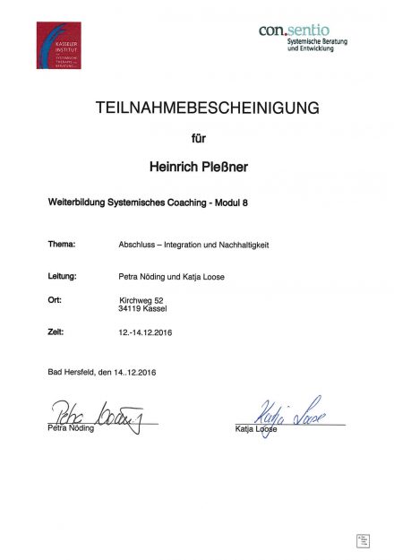 Zertifikat - Weiterbildung Systemisches Coaching Modul 8 - con.sentio