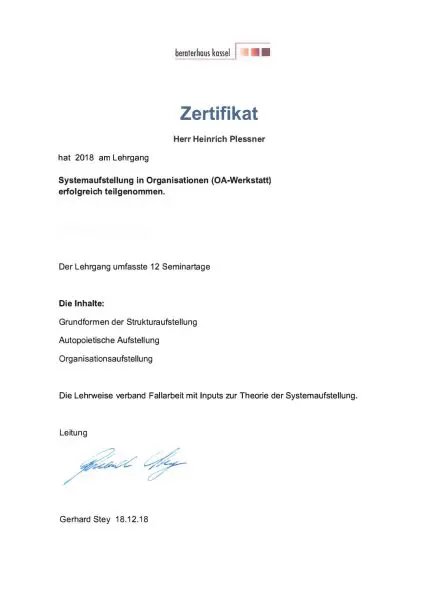 Zertifikat - Systemaufstellung in Organisationen - Beraterhaus Kassel